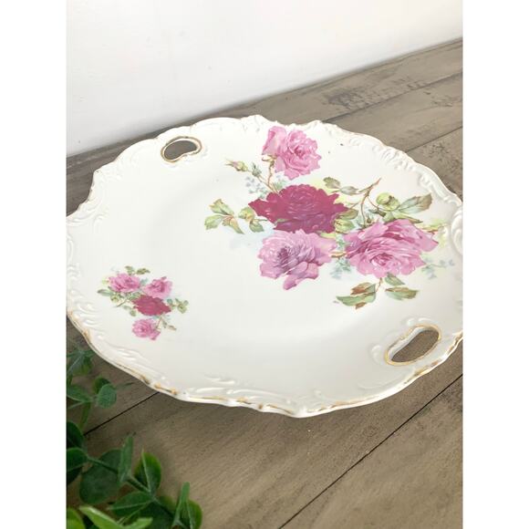 Antique Porcelain Cake Plate Roses Gold Trim Floral Tray Romantic Victorian Pink - Picture 5 of 11